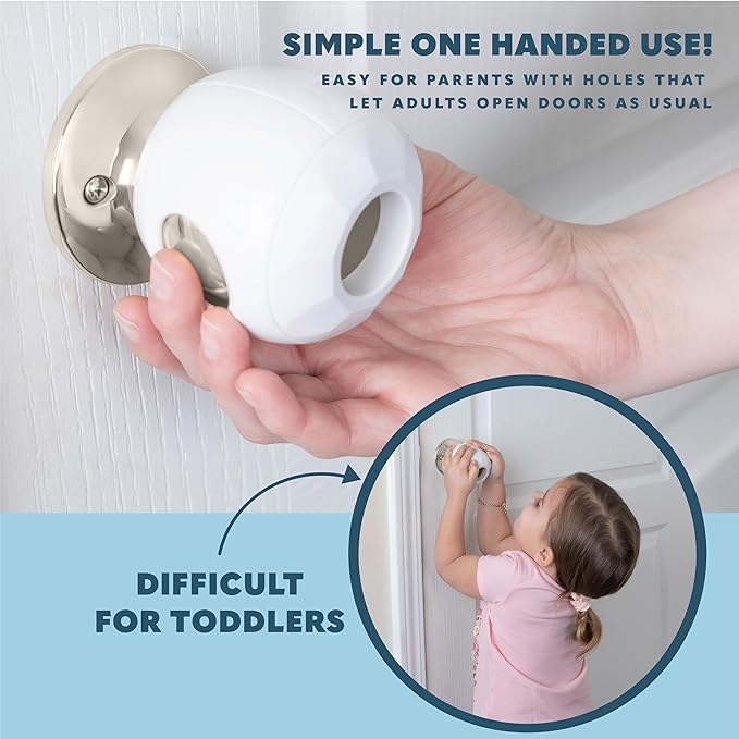 Baby Proofing Door Knob Covers 4 Pack - Easy to Install Child Safety Locks for Doors, Durable & Reusable Child Proof Door Lock, Dual-Lock & Versatile Design, Fits Round Doorknobs, White