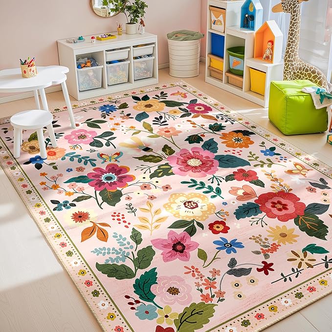 Floral 6x9 Area Rug Machine Washable Soft Print Boho Carpet Non Slip Doormat Low Pile Flower Area Rugs for Living Room Bedroom Nursery Kitchen Dining Room Indoor-Pink