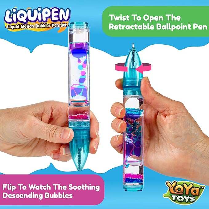 YoYa Toys Liquipen - Liquid Motion Bubbler Pen Toy (3 Pack) - 3 Colors - Colorful Timer Pens for Focus, Stress & Anxiety Relief - Fun Desk Fidget Toy for School & Office - Great Gift for Kids & Adults