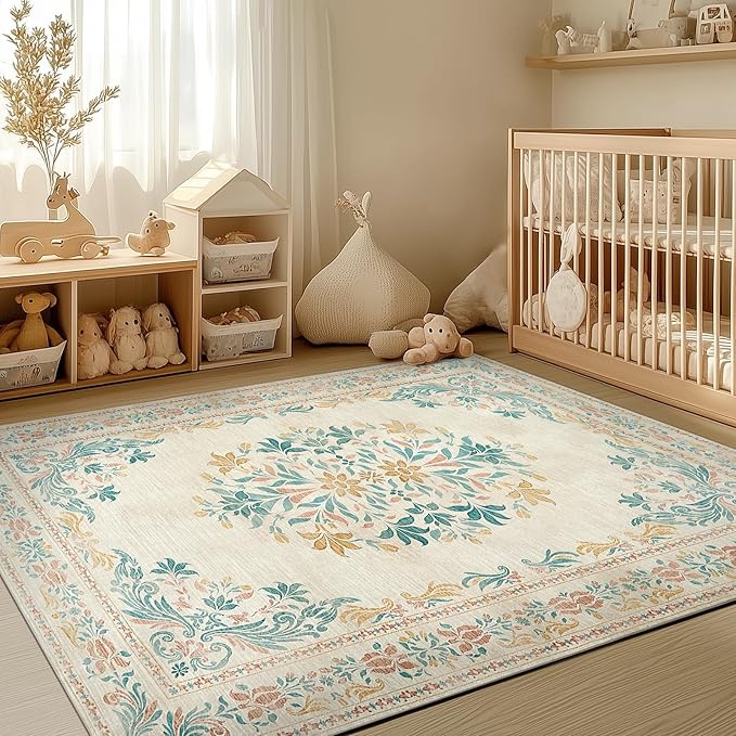 jinchan Floral 4x6 Area Rugs for Nursery - Machine Washable Vintage Distressed Design Soft Ultra-Thin Low-Pile Non-Slip Kids Carpet for Bedroom Living Room Dining Room Home Office (4x6ft,Apricot)
