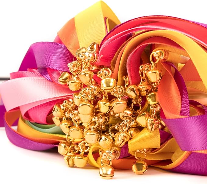 100pcs Rainbow Ribbon Stick Wands with Gold Bell, Multi-Colored Fairy Wish Wands Party Rhythm Send-Off Idea Ribbon Streamers for Wedding, Bridal Shower, Pride Parade, Ceremony Exit Photo Props