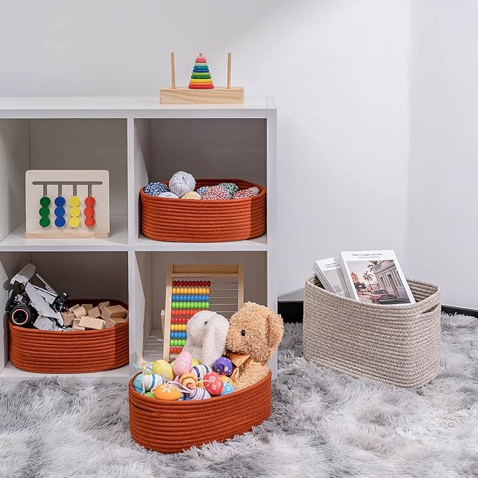 Shelf Storage Baskets for Organizing|Decorative Basket for Closet Storage|Toy Baskets&Bins|Small Woven Rope Baskets-13x8.66x5.11’’,Durable&Stylish,Oval 3 Packs Brick Red