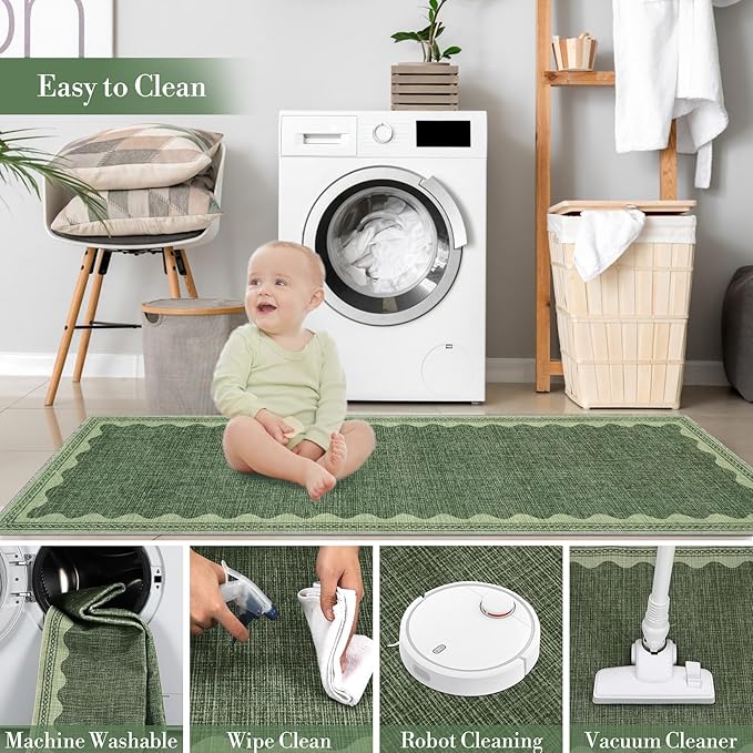 Scalloped Rug 2x6 Runners for Hallways, Solid Green Runner Rugs Non Slip Scalloped Bath Runner, Washable Rug for Bedroom Girls, Mat for Kitchen Floor Soft Dorm Nursery Carpet for Bedside