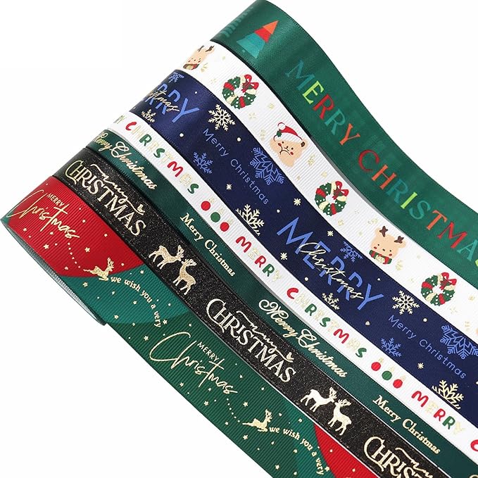 Christmas Gift Wrapping Ribbon, Red, Green, 2 Rolls Printed Grosgrain Ribbons for Crafts, Floral Bouquets, Sewing, Party and Festive Holiday Decor (2 Rolls(White/Red), 1 Rolls=5/8in * 5Yards)