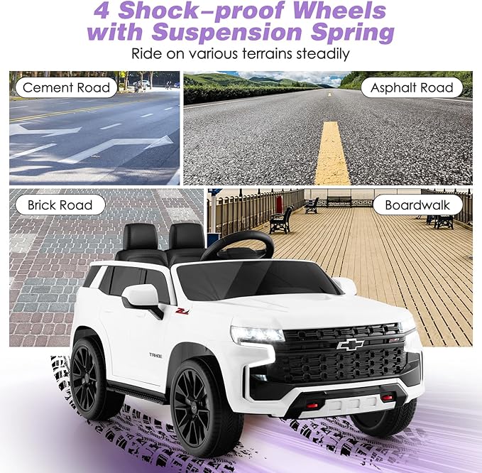 Costzon Ride on Car, 12V Licensed Chevrolet Tahoe Battery Powered Electric Vehicle w/ 2.4G Remote Control, High/Low Speed, Music, Lights, MP3/USB/FM, Spring Suspension, Electric SUV for Kids (White)