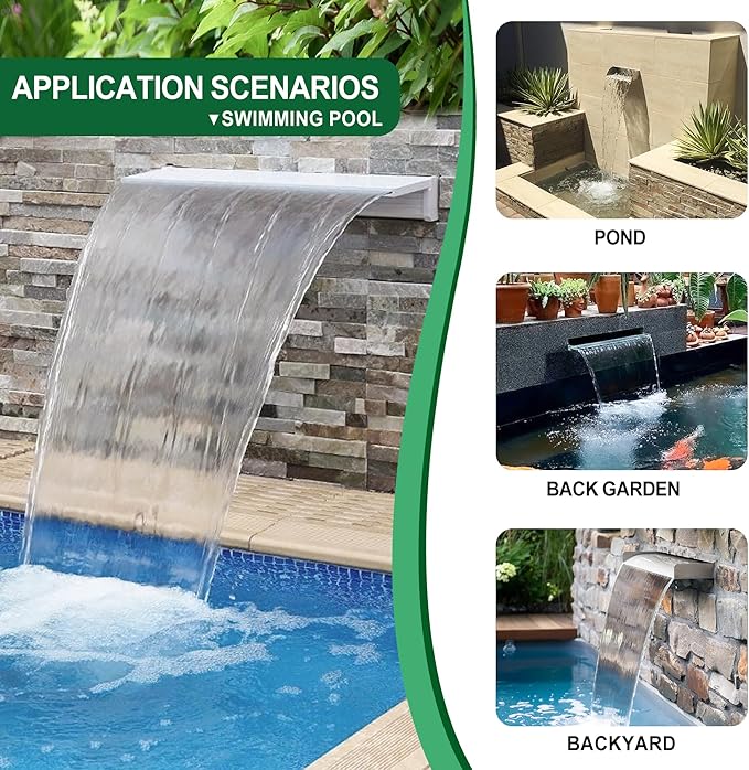Waterfall Pool Fountain, LONGRUNNEW Stainless Steel Waterfall Spillway with Pipe Connector Kits for Outdoor/Indoor Decorative, 23.6 Inches Pool Water Feature for Garden Patio, Backyard Koi Pond Decor