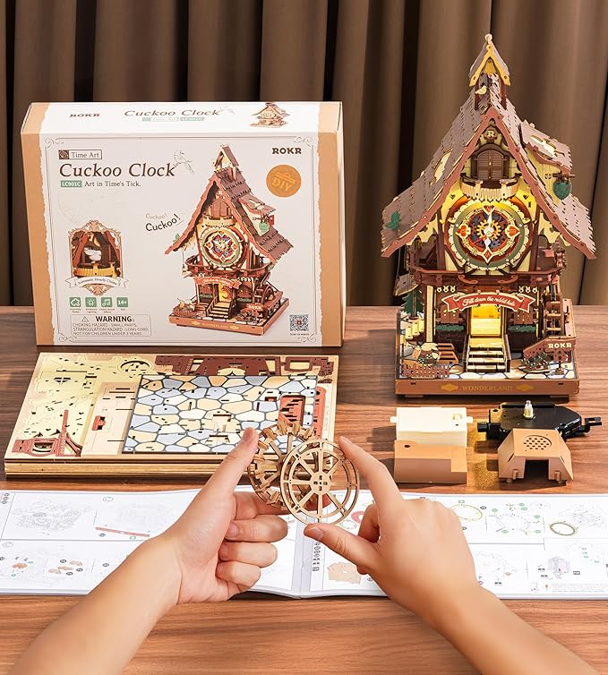 ROKR Cuckoo Clock Mechanical 3D Wooden Puzzle Kit for Adults, DIY Wooden Clock Model Building Set, Unique Home Decor Gift for Women Men
