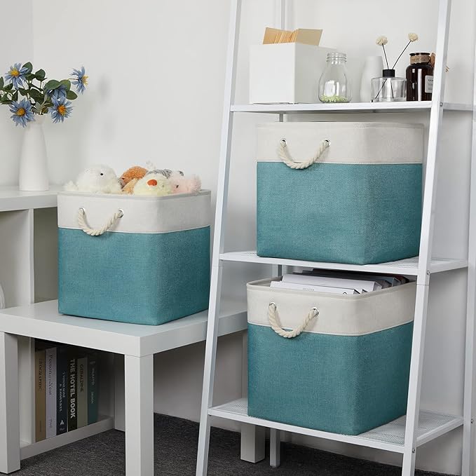 Bidtakay Fabric Baskets for Closets Shelves Lined Set of 3 Large Square Collapsible Storage Bins for Organizing 13 X 13 Cube Storage Bins for Pantry Organization Storage(Teal Blue)