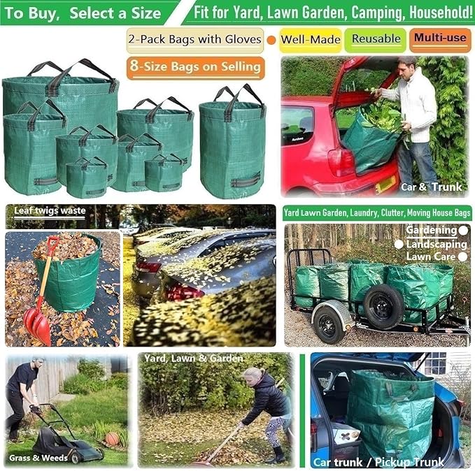Professional 2-Pack 80 Gallon Large Yard Garden Bags (D26, H33 in) with Gardening Gloves for Yard Waste,Leaf Bags,Debris Bag,Garden Trash Container,Recycle Bin,Lawn Grass Clippings,Weeds Bag 4 Handles