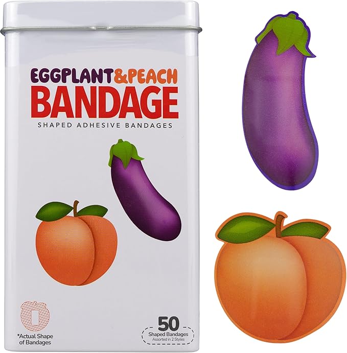BioSwiss Bandages, Eggplant and Peach Shaped Adult Self Adhesive Bandage, Latex Free Sterile Wound Care, Funny First Aid Kit Supplies for Adults, 50 Count