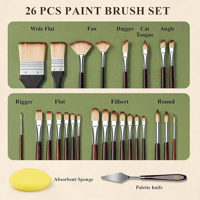 REDSHELL 26pcs Paint Brush Set, Travel Watercolor Acrylic Paint Brushes with Flat, Filbert, Fan, Dagger, Cat Tongue, Round, Palette Knife, Professional Paintbrush Kit for Artist, Oil, Face Painting