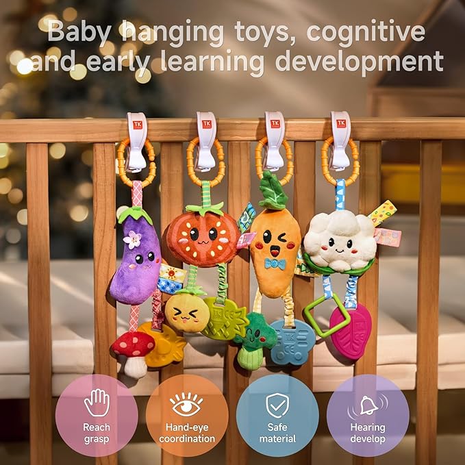 TUMAMA Hanging Vegetable Plush Toy Set, 4 Different Vegetable Crib Stroller Toys, Early Baby Cognitive Sensory Rattle Hanging Toy with Teether. Suitable for Babies 0, 3, 6, 9, 12 Months