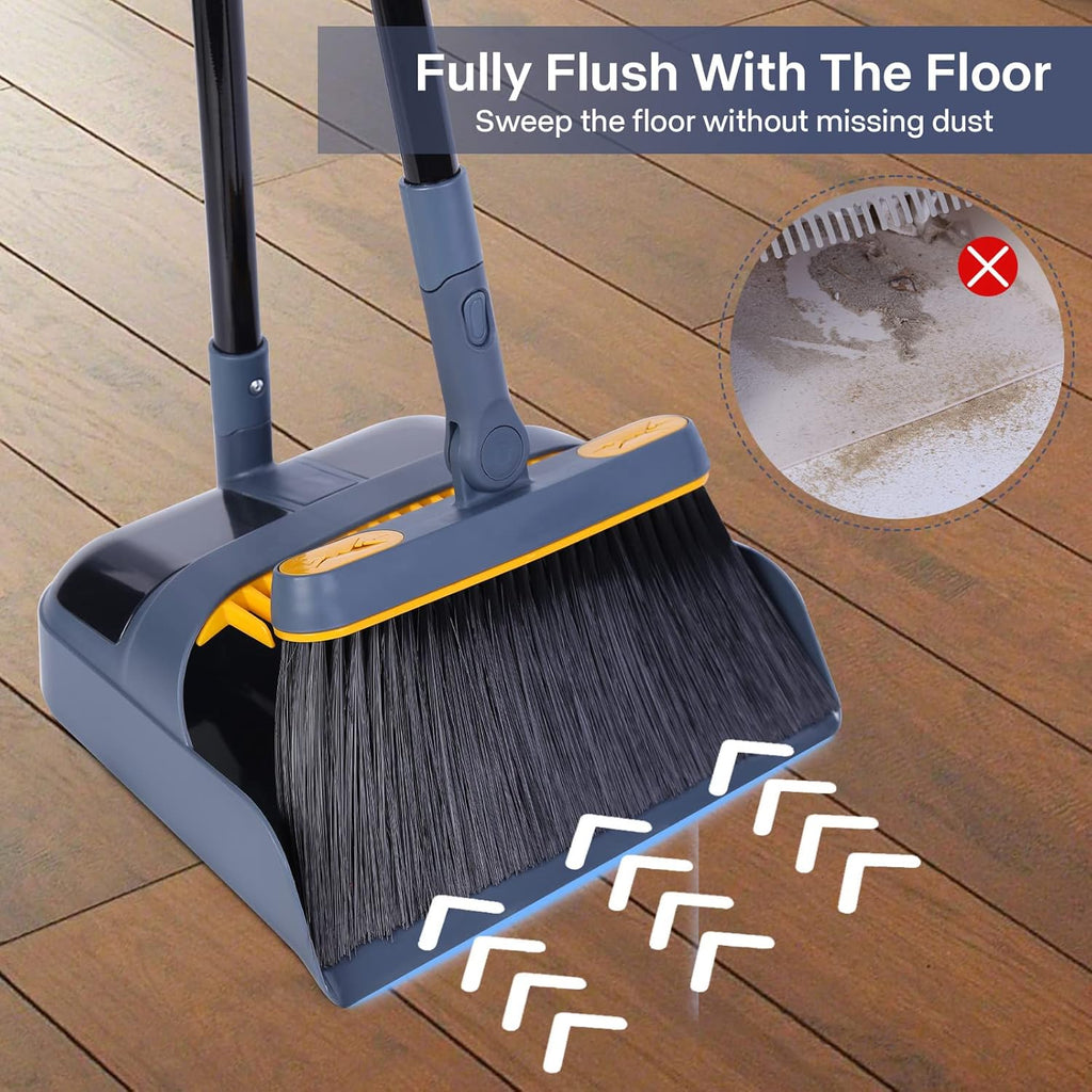 JEHONN Broom and Dustpan Set for Home, 54 Inches Long Handle Lightweight 180 Degree Rotating Indoor Upright Standing Dust Pan with Comb Teeth, Store Sweep Set for Room Kitchen Lobby Office