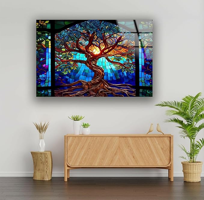 My Photostation.com 48Wx32H'' Stained Blue Life of Tree Glass Wall ArtTempered Glass Printing Wall Decor Large Wall Art Wall Hangings