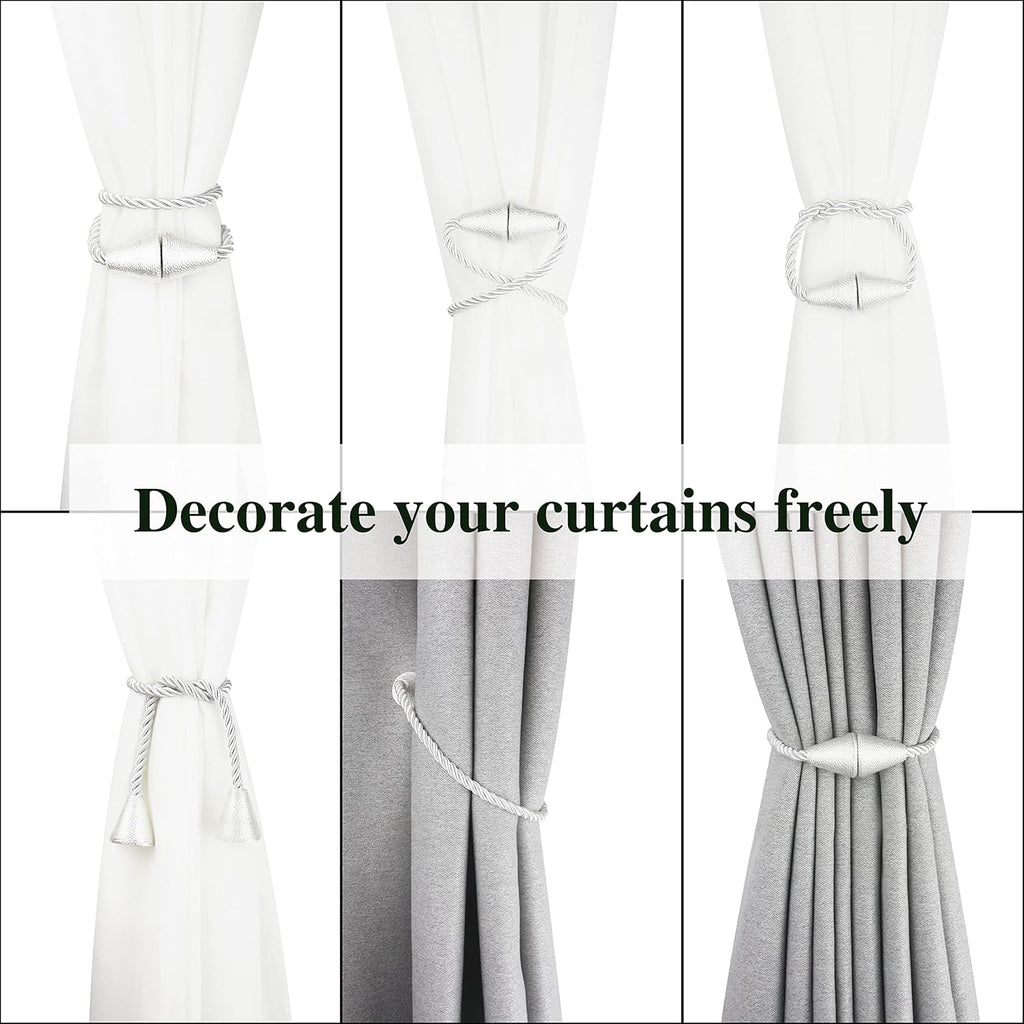 4 Pack Magnetic Curtain Tiebacks Rope Modern Handmade Curtain Tie Backs Decorative Drapes Weave Holdbacks for Window Décor, Silver