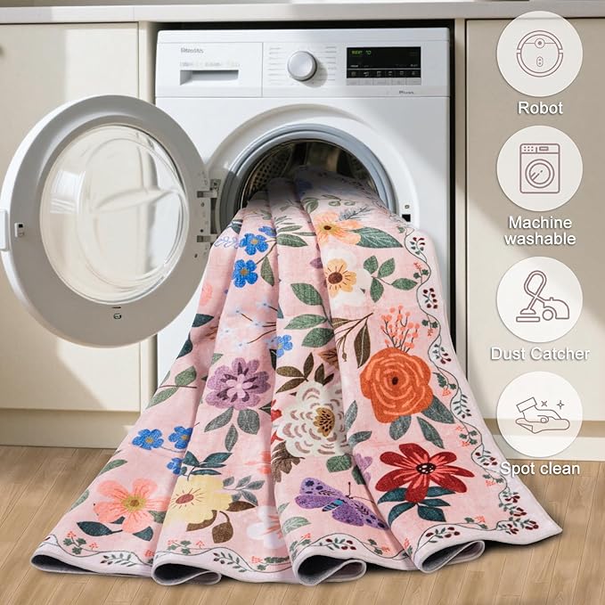Entryway Rug 2X3 Small Rugs: Floral Washable Door Mat Vintage Soft Low Pile Non-Slip Kitchen Rugs Stain Resistant Indoor Throw Rug for Entrance, Bedroom, Kitchen, Laundry, Bathroom Beige