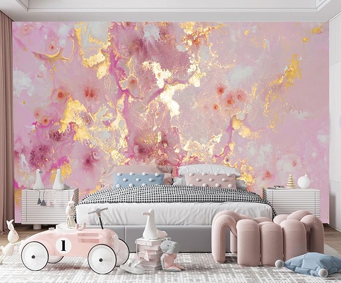 Pink Marble Wallpaper Abstract Gold Texture Murals for Boys and Girls Bedroom Living Room Large Fabric Wall Mural(Not Self-Adhesive)