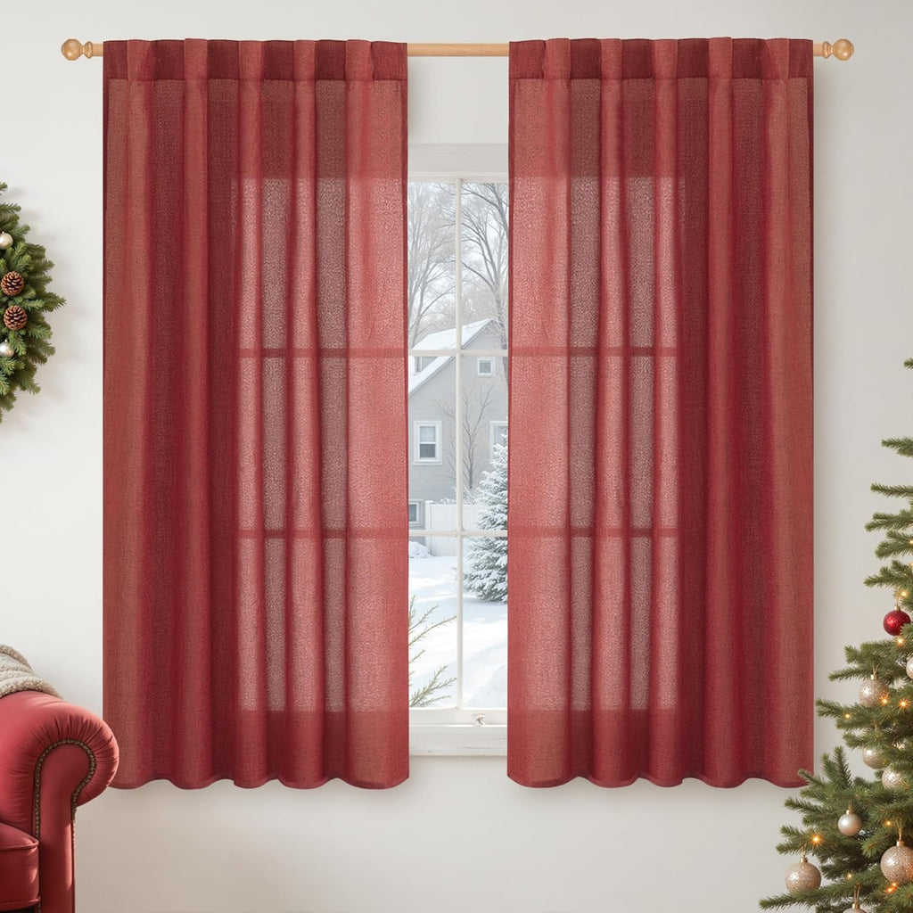 YoungsTex Red Linen Curtains 54 Inch Length for Kitchen, Light Filtering Semi Sheer Small Window Drapes Rod Pocket Back Tab for Christmas Living Room Cafe, 2 Panels, 42 X 54 Inch