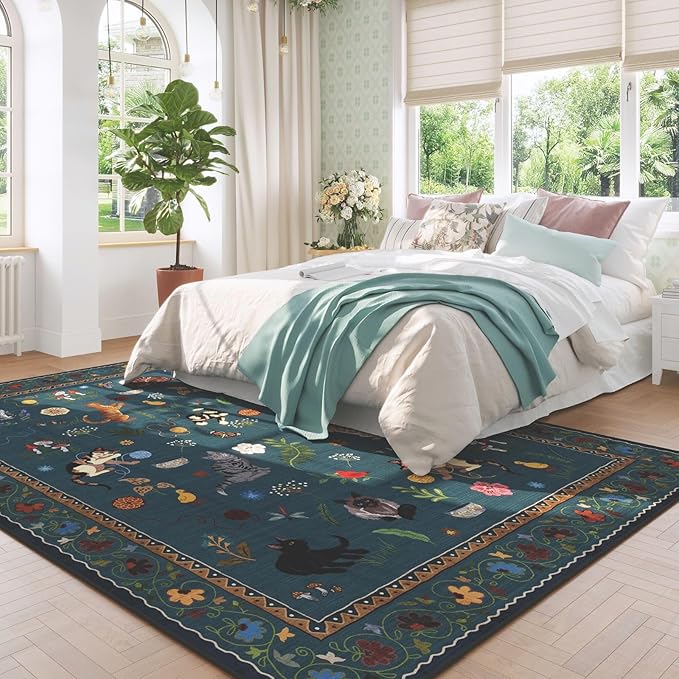 Rugcomf Area Rugs 8x10 Rug for Living Room Clearance Washable Boho Area Rug Non Slip Floral Animal Cat Vintage Low Pile Large Rug for Bedroom Farmhouse Dining Room Kids Playroom, Pearl Gentian Blue