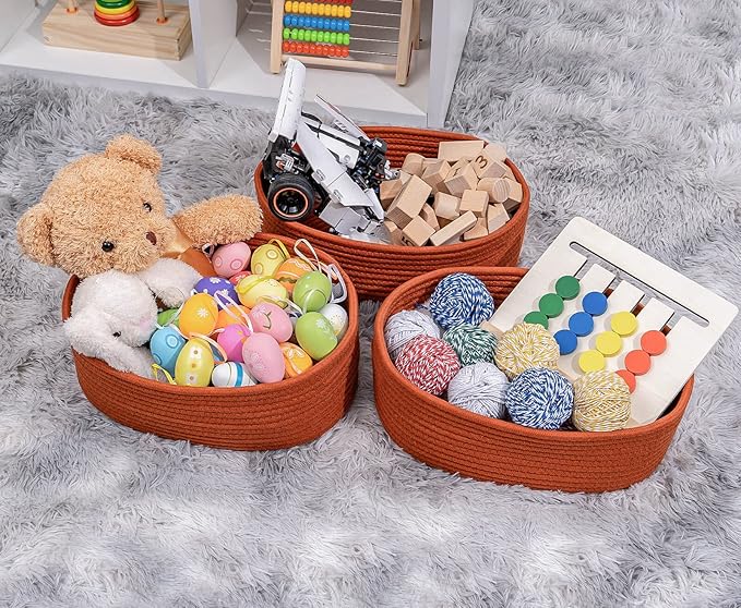 Shelf Storage Baskets for Organizing|Decorative Basket for Closet Storage|Toy Baskets&Bins|Small Woven Rope Baskets-13x8.66x5.11’’,Durable&Stylish,Oval 3 Packs Brick Red