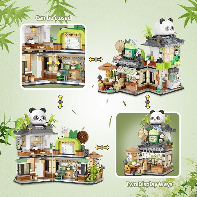 Street View Tea Shop Mini Building Blocks, MOC Creative Building Toys Cute Panda Animals Building Set for Girls 6-12, Simulation Architecture Construction Toy, Gift Idea for Kids Adults (860PCS)