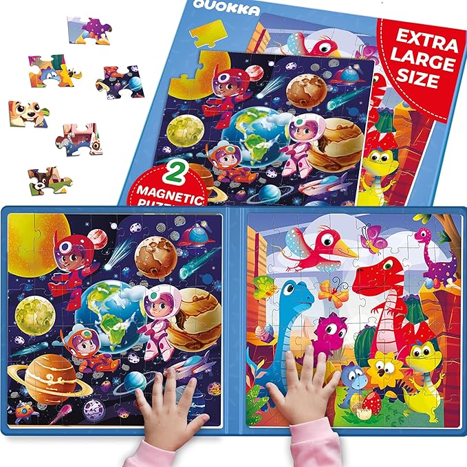 QUOKKA Magnetic Puzzles for Toddlers 4-6 - 2x48 Travel Puzzle Games for Kids Ages 3-5 Years Old - Dinosaur Car Activities Toy for Boys and Girls 2-4 yo - Space Learning Magnet for Road Trip