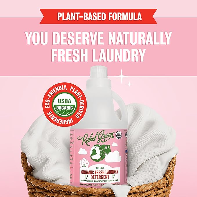 Rebel Green Organic Laundry Detergent - Natural Laundry Soap - Liquid Laundry Detergent with Dispenser Cup - Gentle Laundry Detergent - Fresh Pink Lilac - (68 Load Bottles, 2 Pack)