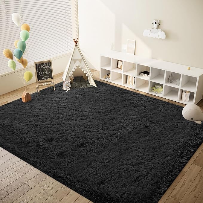 8x10 Area Rug for Living Room: Fluffy Shag Soft Washable Rugs Large Fuzzy Plush Indoor Carpet for Bedroom Nursery Playroom Kids Girls Boys Room (Black, 8'x10')