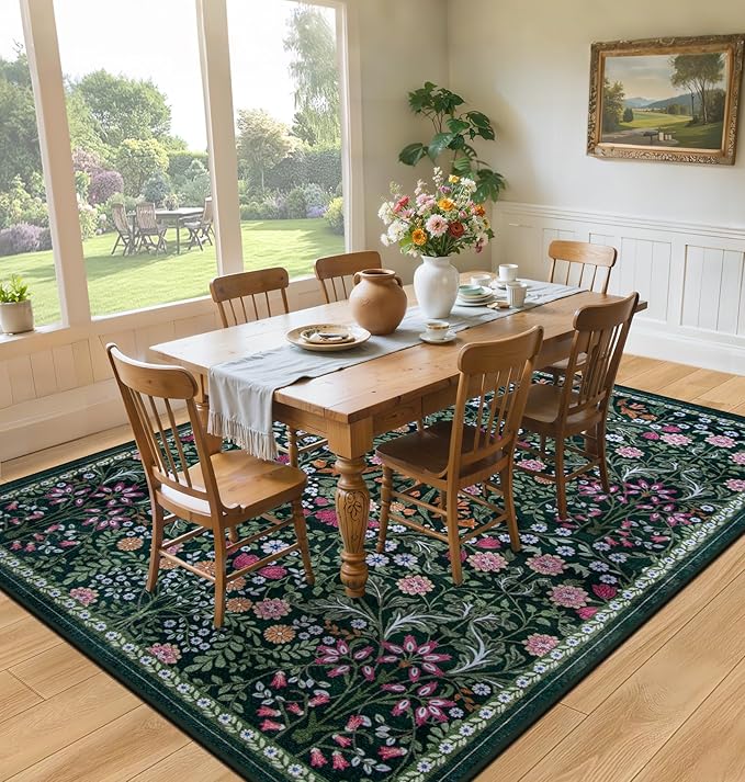 8x10 Area Rugs for Living Room: Floral Washable Rug Vintage Large Soft Boho Non-Slip Carpet Indoor Floor Stain Resistant Carpets for Bedroom Dining Room Farmhouse Nursery Home Office Dark Green