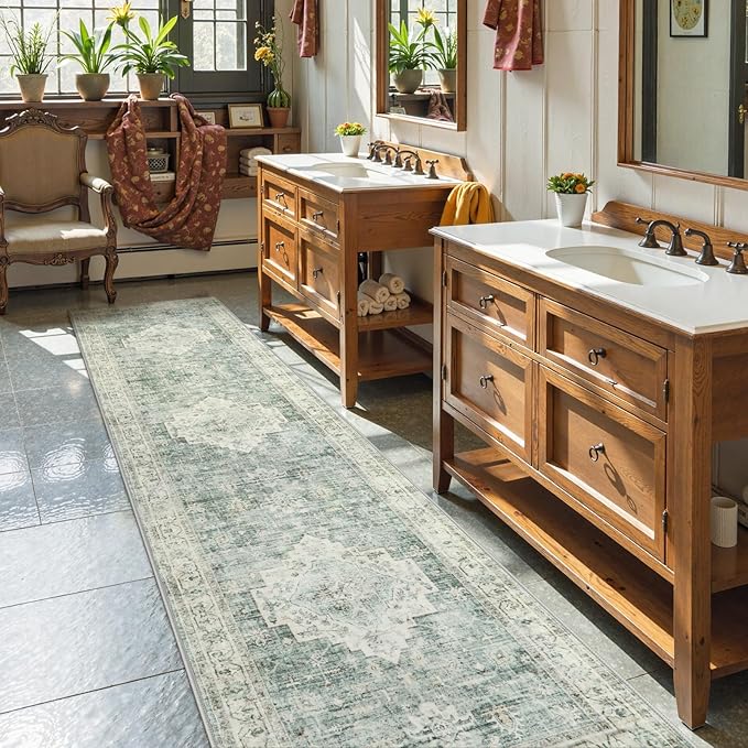 LIVEBOX Washable 2.5x10 Runner Rugs for Entryway Bathroom, Boho Kitchen Floor Mat Long Rug Runners for Hallways Non Slip, Farmhouse Low-Pile Carpet Runners for Laundry Room, Sage Green