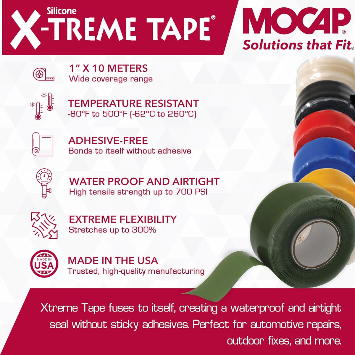 X-Treme Tape MOCAP Heavy Duty Electrical Tape, Self-Fusing Silicone Rubber, Waterproof & Insulating Flexible Tape, Electrical for Hose, Automotive, Outdoor & Repairs - 1" x 10ft Roll - Green
