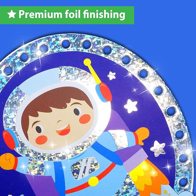 Premium Foil Edge Lacing Cards for Kids Ages 3-6 | 5 Double-Sided Space Sewing Cards with Multilingual Learning | Durable Cardboard Fine Motor Skills Activity Kit