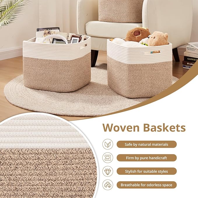 OIAHOMY 13 Kallax Inch Cube Storage Bins, 3-Pack Cotton Rope Woven Baskets for Organizing, Kallax Insert Storage Baskets for Shelves, Baby Nursery, Closet Organizer, 15*13*12.6IN, Brown & White