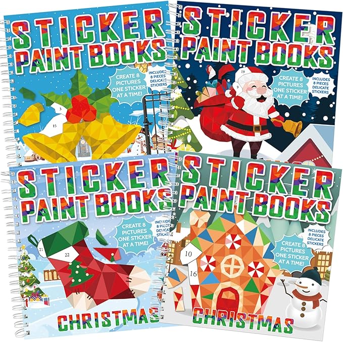 4 Pcs Christmas Paint by Sticker Books for Kids Ages 4-8 Sticker by Number Books Activity Book for Kids Ages 3-5 Sticker Puzzle Book Craft Art Toddlers Gift Snowman Santa Claus Xmas Tree 32 Pictures