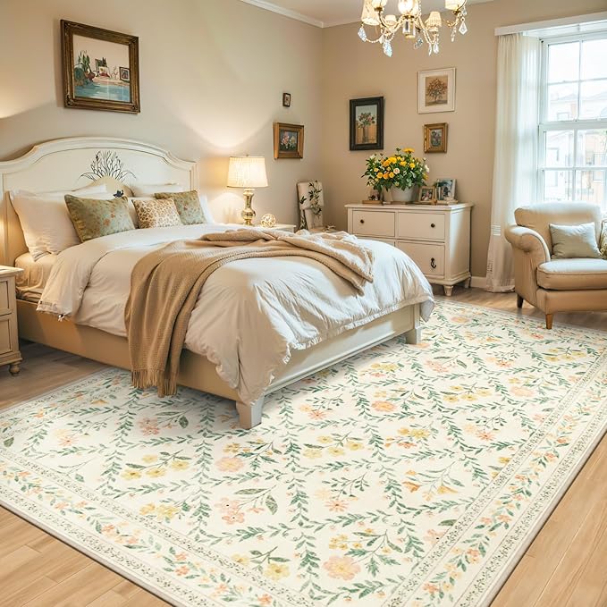 Area Rugs 9x12 Living Room: Floral Washable Rug Vintage Large Soft Boho Non-Slip Carpet Indoor Floor Stain Resistant Low Pile Carpets for Bedroom Dining Room Farmhouse Nursery Home Office Beige/Multi