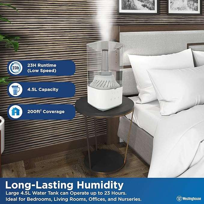 Westinghouse Ultrasonic Cool Mist Adjustable Humidifier, 4.5L Top Fill with LED Night Light and Touch Button Control