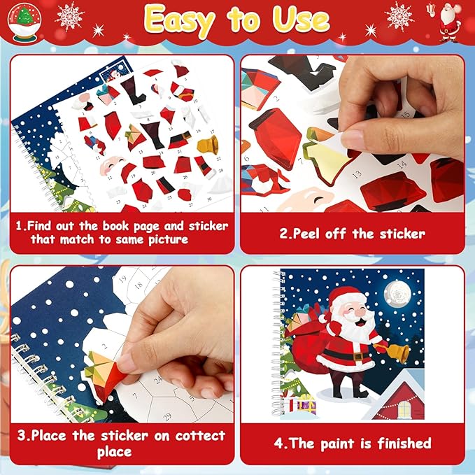 4 Pcs Christmas Paint by Sticker Books for Kids Ages 4-8 Sticker by Number Books Activity Book for Kids Ages 3-5 Sticker Puzzle Book Craft Art Toddlers Gift Snowman Santa Claus Xmas Tree 32 Pictures