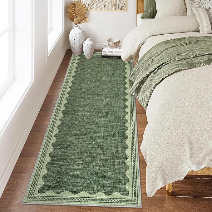 Scalloped Rug 2x6 Runners for Hallways, Solid Green Runner Rugs Non Slip Scalloped Bath Runner, Washable Rug for Bedroom Girls, Mat for Kitchen Floor Soft Dorm Nursery Carpet for Bedside