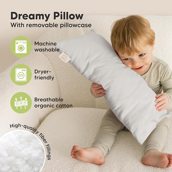 Toddler Pillow with Pillowcase - 10x18 My Little Dreamy Kids Travel Bed Pillows for Sleeping, Organic Cotton Small Pillowcase, Soft & Breathable, Machine Washable, Toddlers 2-5 years old (French Gray)