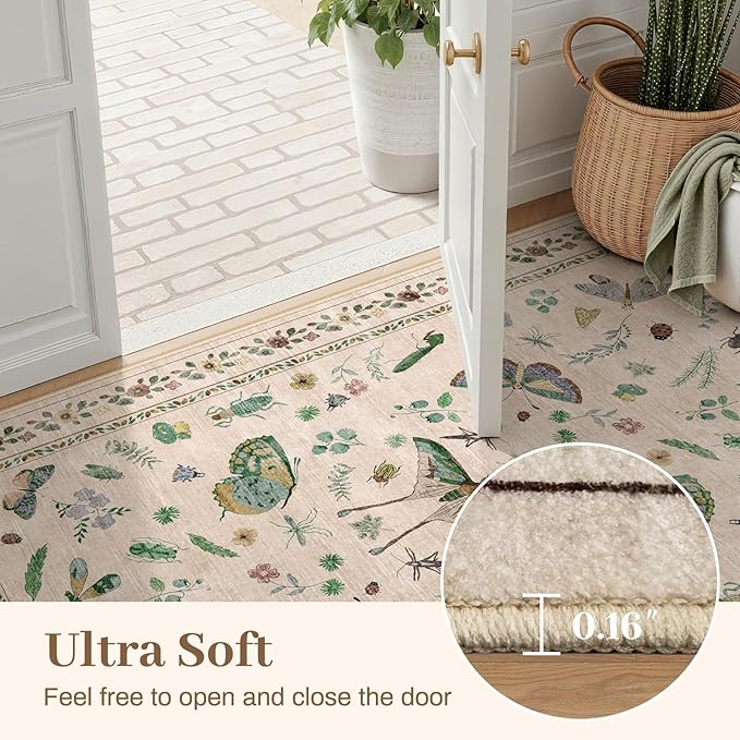 3x5 Washabl Rug with Insect Print - Bug Rug Non-Shedding Stain Resistant Soft Small Carpet for Bedroom, Low Pile Ultra-Thin Machine Washable Carpet for Nursery,Entrance, Office (3'x5' Beige)