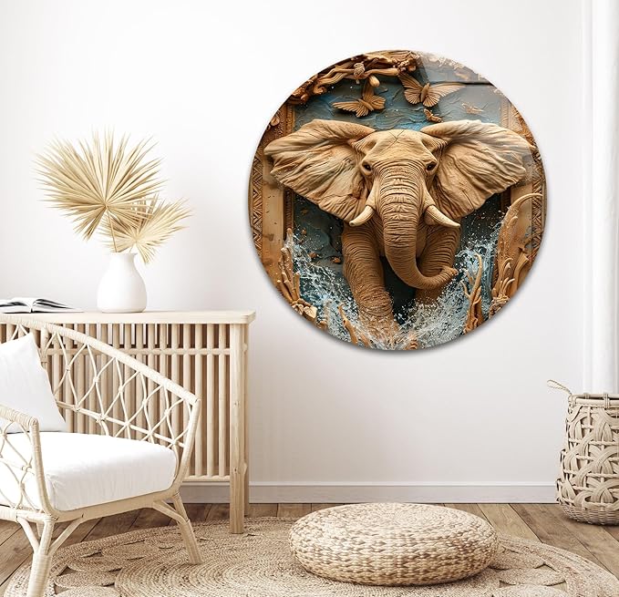My Photostation.com Round 24'' Elephant Carving Glass Wall Art Tempered Glass Printing Wall Decor Large Wall Art Wall Hangings