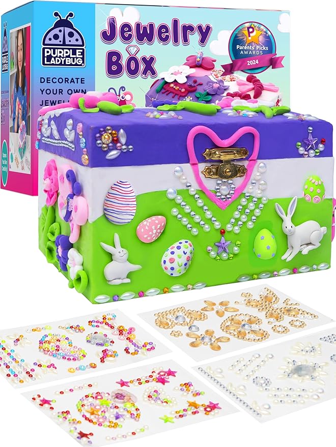PURPLE LADYBUG Design Your Own Jewelry Box Craft Kit with Clay & Gem Stickers – Craft for Girl 8-12, Girls Arts & Crafts Age 6-8 & Up – Birthday Gift for Girls 8-10 Years Old