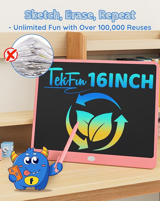 TEKFUN LCD Writing Tablet Doodle Board, 16 Inch Colorful Drawing Tablet Writing Pad,Toddler Toys for 3 4 5 6 7 8 9 Year Old Girls Boys Teen Adults,Birthday Gifts for Kids (Pink)