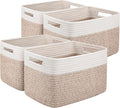 OIAHOMY 4 Pack Storage Baskets for Organizing, Basket for Shelves with Handle, Woven Baskets for Storage Toys, Towels, Books, Cotton Rope Basket 13" L x 9 " W x 7.8 " H, Brown & White