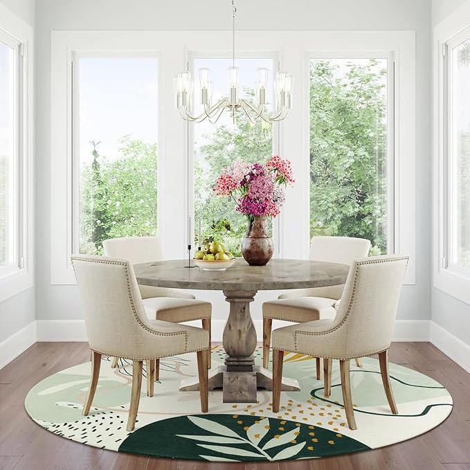 Lahome Green Round Area Rugs 5Ft - Washable Large Boho Round Rug for Living Room Non-Slip Throw Circle Rug for Dining Room Table,Soft Cute Botanical Print Floor Mat Carpet for Bedroom Office Bathroom