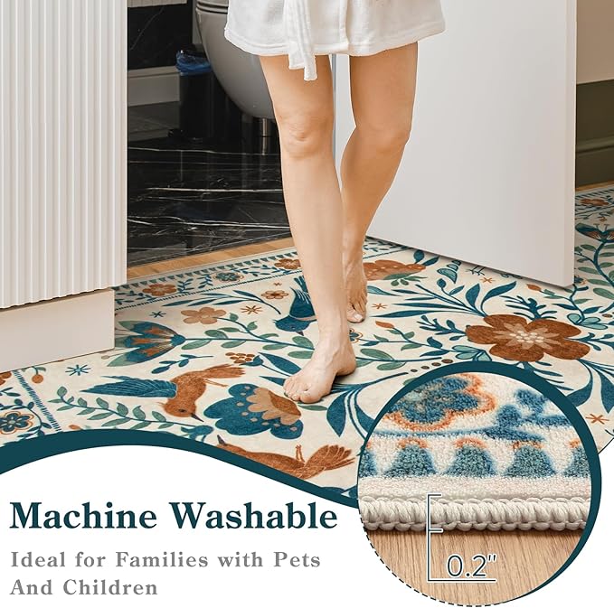 Moynesa Boho Bird Round Rug 6ft, Machine Washable Circle Area Rug for Living Room Ultra Thin Soft Large 6'x6' Bedroom Carpet for Office Kitchen Dining Room Under Table, Indoor, Easy Clean, Beige