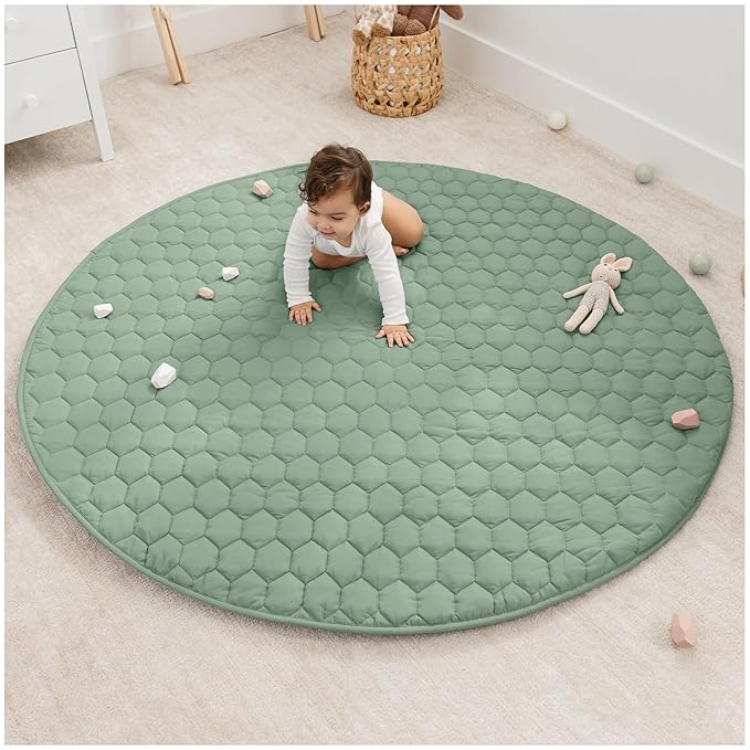 Comfy Cubs Round Kids Play Mat - Large 60 inches Soft Quilted Baby Floor Mat with Non-Slip Bottom - Plush Design for Toddlers' Playtime and Relaxation - Comfortable and Durable - Fern