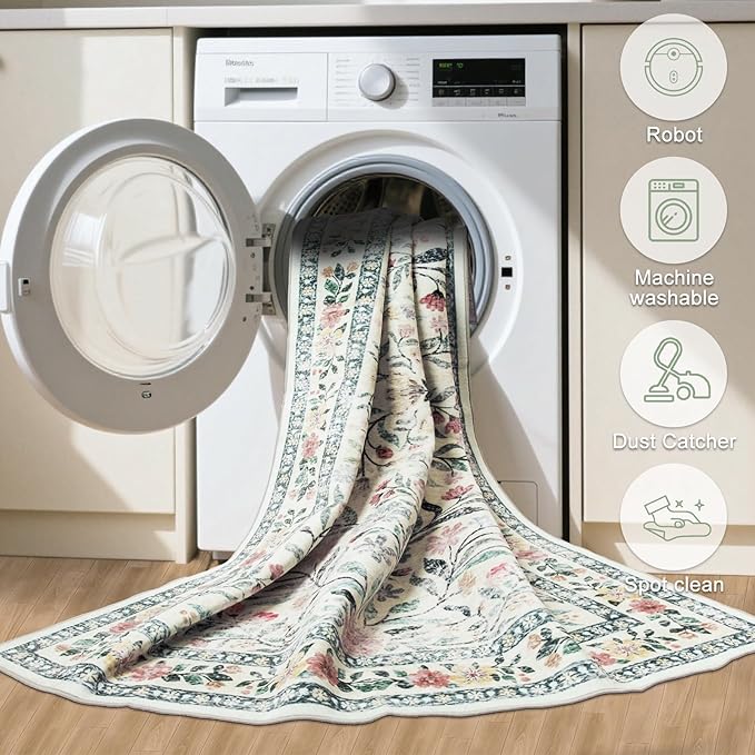 6x9 Area Rugs for Living Room: Floral Washable Rug Vintage Large Soft Boho Non-Slip Carpet Indoor Stain Resistant Thin Carpets for Bedroom Dining Room Farmhouse Nursery Hallway Home Office Green Beige