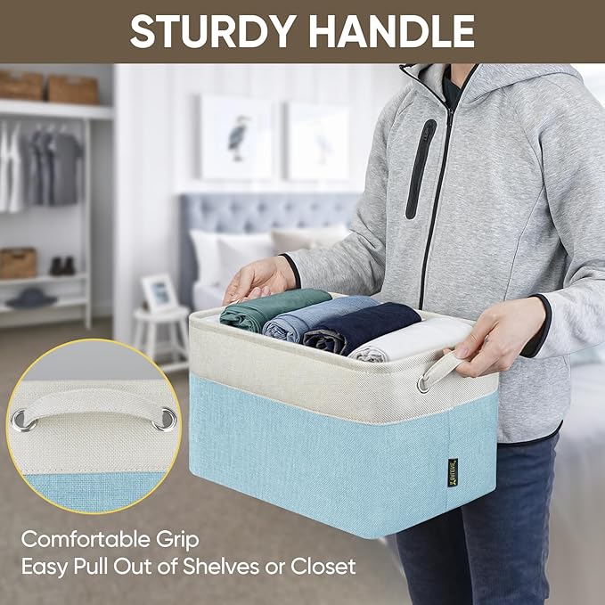 BALEINE 2 Pack Fabric Storage Bins for Shelves, Linen Storage Baskets for Organizing, Decorative Closet Bins for Clothes, Home (Skyblue, 15''x11''x9.5'')