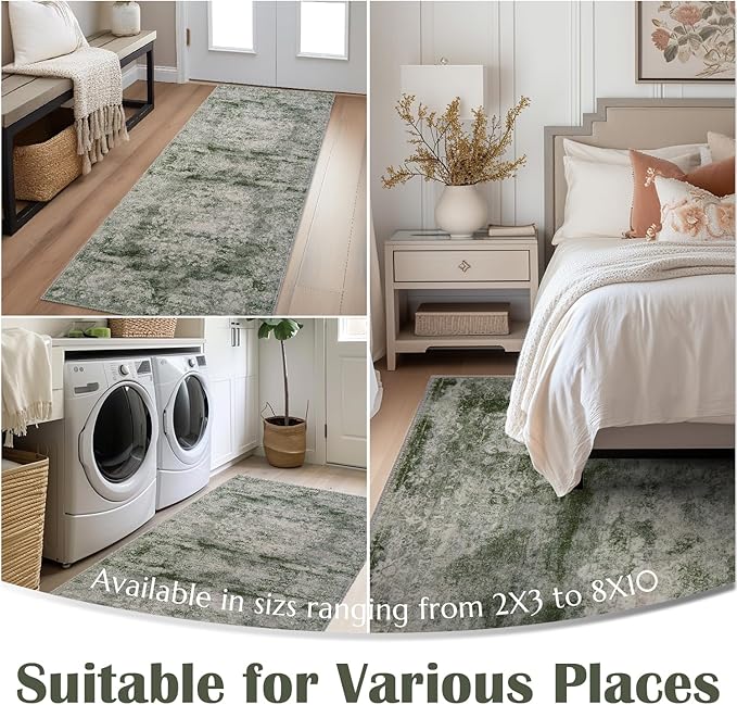 jinchan Green Runner Rug 2x5 - Machine Washable Vintage Floral Distressed Design Non-Slip Low-Pile Soft Thin Carpet for Hallway Kitchen Farmhouse Bedroom Entryway Laundry (2x5ft,Forest Green)